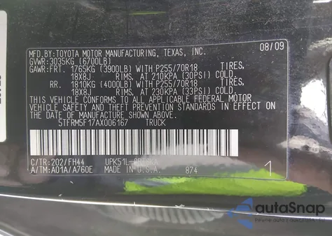 2010 Toyota Tundra Grade 4.6L V8 z USA, uszkodzony, nr VIN 5TFRM5F17AX006167